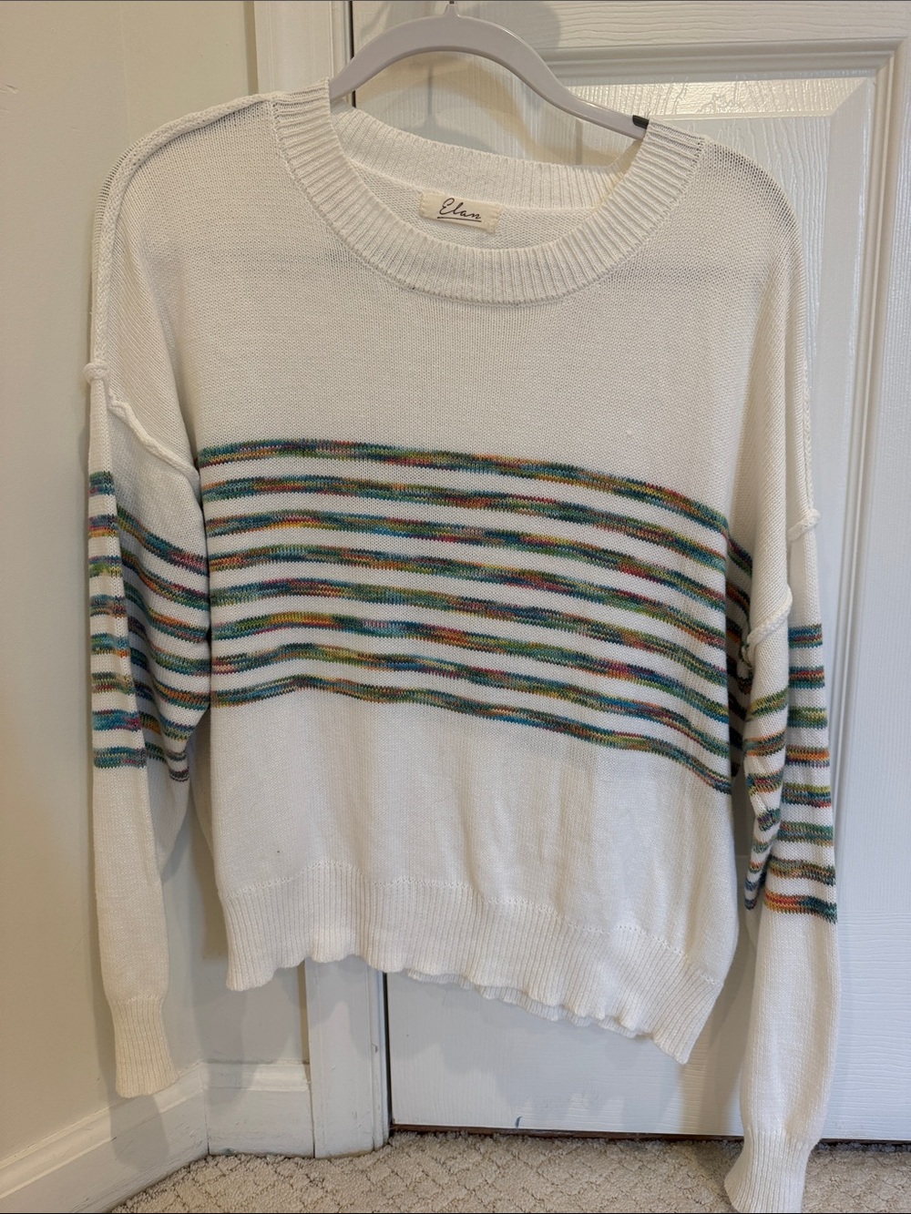 Elan White Crewneck Rainbow Striped Sweater